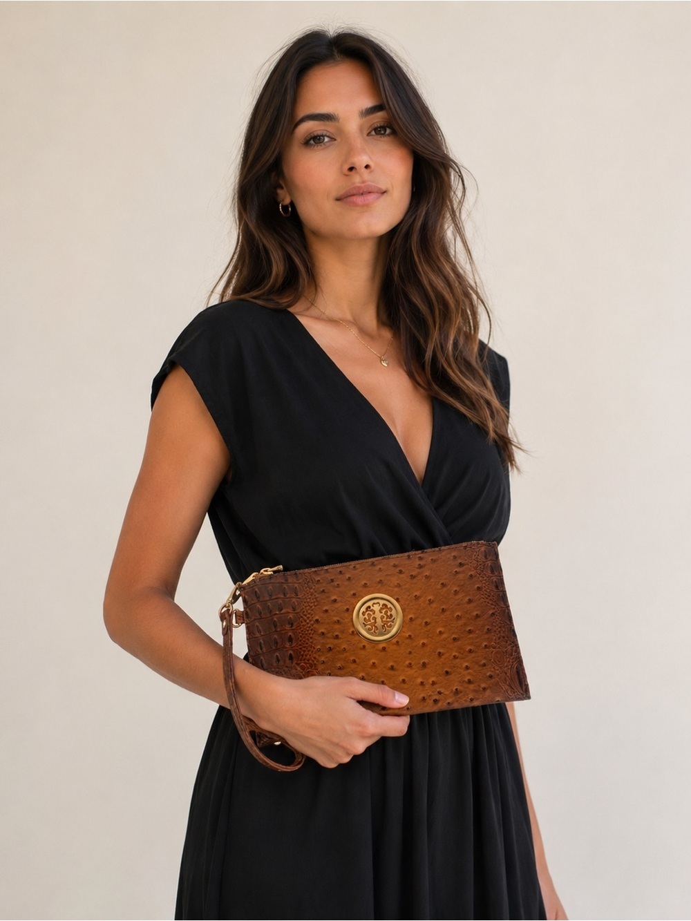 Brown Ostrich Croc Embossed Wristlet Clutch with Gold-Tone Medallion